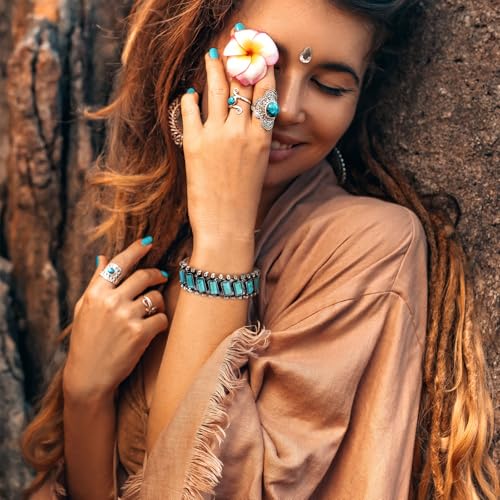 Highergo 3 Pcs Turquoise Bracelet for Women Bohemian Bracelet Western Bracelets Silver Cuff Bangle Fashion Jewelry2