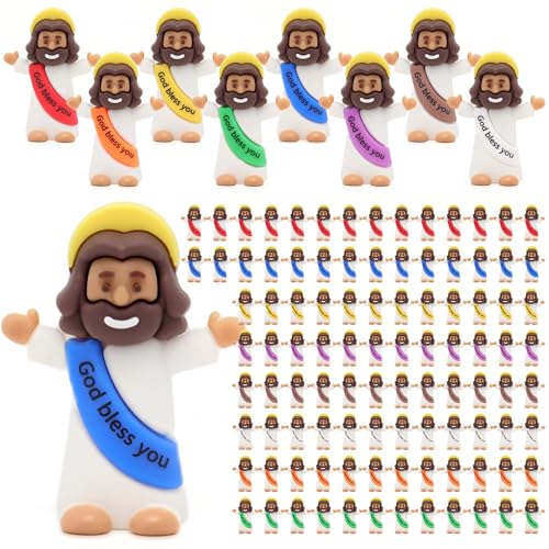 Yelakey Mini Jesus Figures 100pcs Little Tiny Jesus Figurines in Bulk Classic Religious Christ Savior Jesus Decor for Baptism Sunday Easter Egg Stuffers Brown