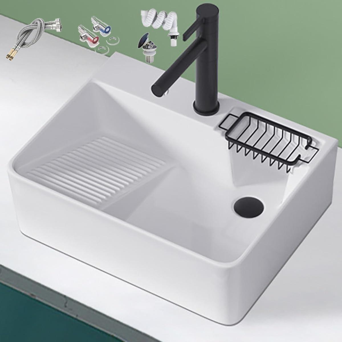 ZQFHSX Ceramic Bathroom Vessel Sink with Integrated Washboard & Pull-Out Faucet for Kitchen Laundry Bar Counters and Balconies - White 680x450x170mm