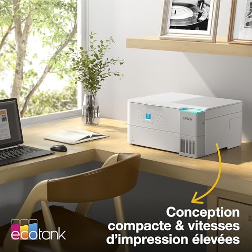 Solution d’Impression A4 Blanche EcoTank ET-2956 équipée d’Une Connexion Wi-FI et de réservoirs d’Encre AirPrint avec numérisation, Copie et Impression Recto Verso et Jusqu’à 3 Ans d’Encre Inclus