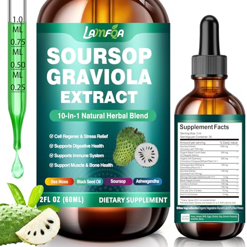 Soursop Bitters Liquid 10-in-1 with Ashwagandha, Black Seed Oil & Turmeric, Gotu Kola for Immune Support, Gut Health, Cell Regeneration & Antioxidant, Vegan, Non-GMO, Sugar-Free, 2 Fl Oz