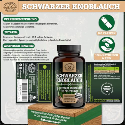 Schwarzer Knoblauch 1500mg -WICHTIG: 25:1 Extrakt (=37500mg schwarzer Knoblauch pro Tagesdosis +15% Polyphenole +SAC) Knoblauch Kapseln Hochdosiert -LAB geprüft- DE SCHEUNENGUT®