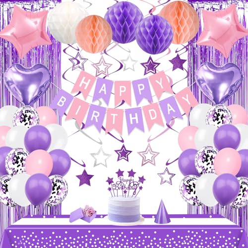 Image of Pink Purple Birthday Party Decorations Supplies Lavender Happy Birthday Banner Honeycomb Balls Fringe Curtain Foil Balloons Hanging Swirls Cake Topper Tablecloth Party Supplies for Women Girls