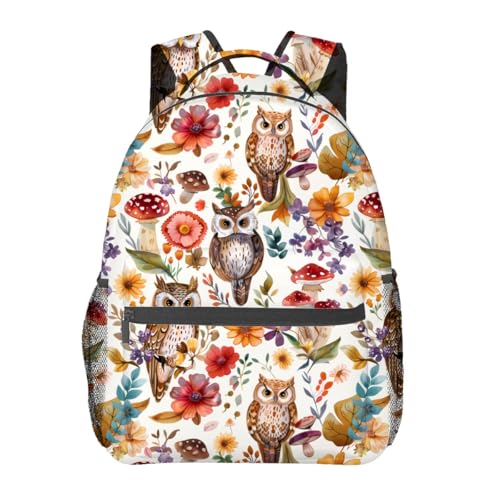 Adorable Owl & Mushroom Backpack, Travel School Laptop Polyester Cute Bird Backpacks for Women Kids, Work Sports Back Pack Casual Daypack, Lightweight Rucksack Gifts for Hiking Camping Gym