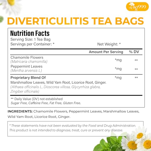 Image of TOG999, Diverticulitis Tea Bags | 80 Count | 100% Natural Chamomile, Peppermint, Marshmallow Leaf, Wild Yam Root, Licorice & Ginger Herbal Blend - Caffeine-Free Comfort Tea, Vegan.