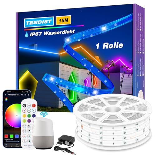 TENDIST 15M IP67 Ruban LED Exterieur Etanche, RVB Bande LED Exterieur Etanche Smart Compatible avec Alexa, Bandeau Synchronisation Musicale pour Balcon, Terrasse, Jardin, Festival (15M*1)