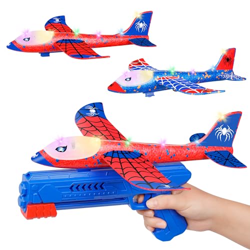 Philivivi Juego de 3 aviones de juguete con catapulta, pistola LED, aviones de espuma para niños de 4 a 12 años, juguetes al aire libre y regalo de cumpleaños para niños y niñas