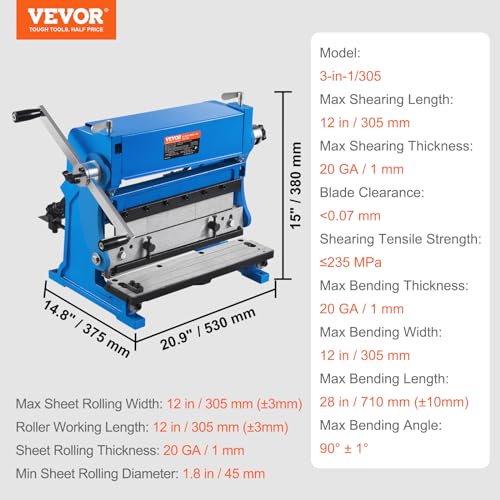 VEVOR Sheet Metal Brake, 12-inch, 3-In-1 Combination Shear Brake Roll Machine, 20-Gauge Capacity Shear Press Brake with 90° Max Bending Angle, Shears and Slip Roll Machine for Shear Bending Rolling - Image 7