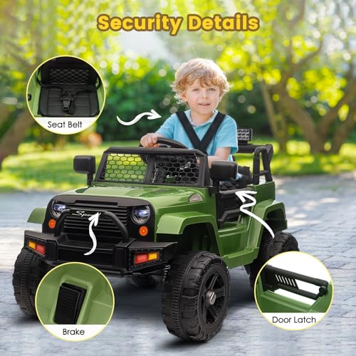 12-V-Elektroauto,Fernbedienung für Eltern, Zwei 35-W-Motoren, 5.2km/h Höchstgeschwindigkeit, zu öffnende Türen, Musik-Player, 4 Räder, Federung, LED-Beleuchtung, Sicherheitsgurt(Grün) – Bild 4