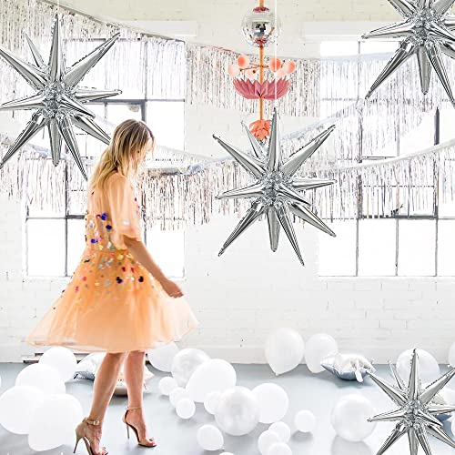 Image of TONIFUL 4 Pcs Explosion Star Balloons Silver Foil Balloon Party Decorations | 22 Inch Large Mylar Star Balloon for Silver Party Decor New Year Christmas Birthday Wedding Baby Shower Photo Booth Supplies