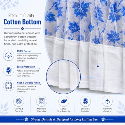Image of Mosquito Net for King Size Bed & Double Bed, 6x7 Ft, Wall Hanging Machhardani, No Frame Required, Floral Vine Pattern, Premium Poly-Cotton Fabric, Soft Mesh Ideal for AC Rooms (Sapphire Blue Vine)