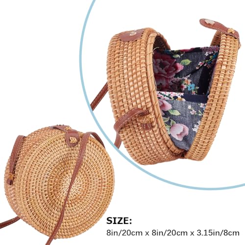 GORGECFAFT Handwoven Round Rattan Bag Large Straw Bag for Women Handmade Wicker Woven Purse Circle Oval Brown Straw Boho Bags Shoulder Imitation Leather Adjustable Strap for Women Travel2