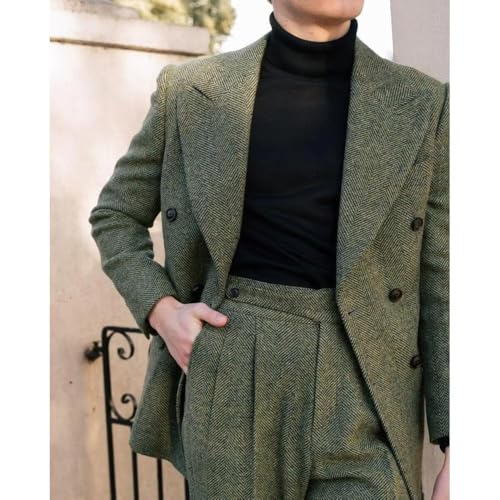 Mens Suits 2 Piece Tweed Suit Double Breasted Knit Herringbone Jackets Formal Prom Tuxedos Suits Blazer Pant Set4