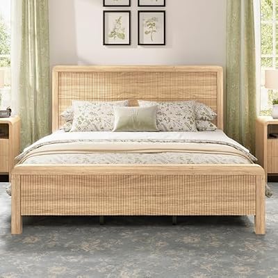 AMERLIFE Wood Queen Size Bed Frame with Headboard & Footboard, Modern Fluted Wooden Platform Bedframe with Rounded Safety Edges, Wood Slat Support, No Box Spring Needed, Easy Assembly, Natural Oak