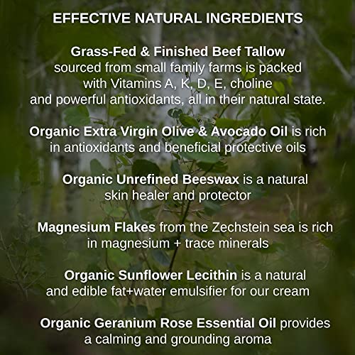 Shwally Paleo Magnesium Oil Cream - A True Seed-Oil Free & Primal Mag Balm - 100% Grass Fed Tallow, Avocado, Extra Virgin Olive Oil With Zechstein Magnesium - Mild Geranium-Rose Scent #TOP2