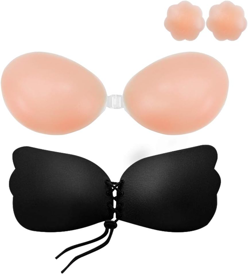 Sticky Adhesive Bra 3 Pack, Backless Strapless Bra Silicone Sticky Push up Invisible Bra with Nipple Covers