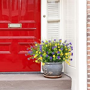 Colovis 9pcs Artificial Flowers Outdoor UV Resistant Fake Plants Greenery Shrubs Faux Plastic Flower in Bulk for Indoor Outside Hanging Planter Porch Cemetery Pots Decoration Yellow Purple Green