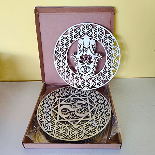 Image of 12 inch Meditation Accessories Wooden Wall Art 4 Pieces Sacred Geometry Seven Chakras Artwork Crystal Grid Board(Flower of Life,Hamsa Hand,Sri Yantra,Union Sun Moon)Home Decor for Yoga Spiritual Gifts