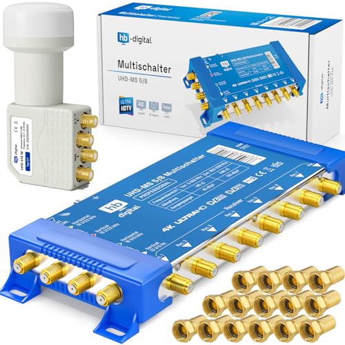 HB-Digital Set: Quattro LNB Weiß (Im Test: SEHR GUT) + Multischalter pmse 5/8 1x Satellit und bis zu 8X Teilnehmer/Receiver für Full HDTV 3D 4K UHD mit Netzteil + 24 Vergoldete F-Stecker
