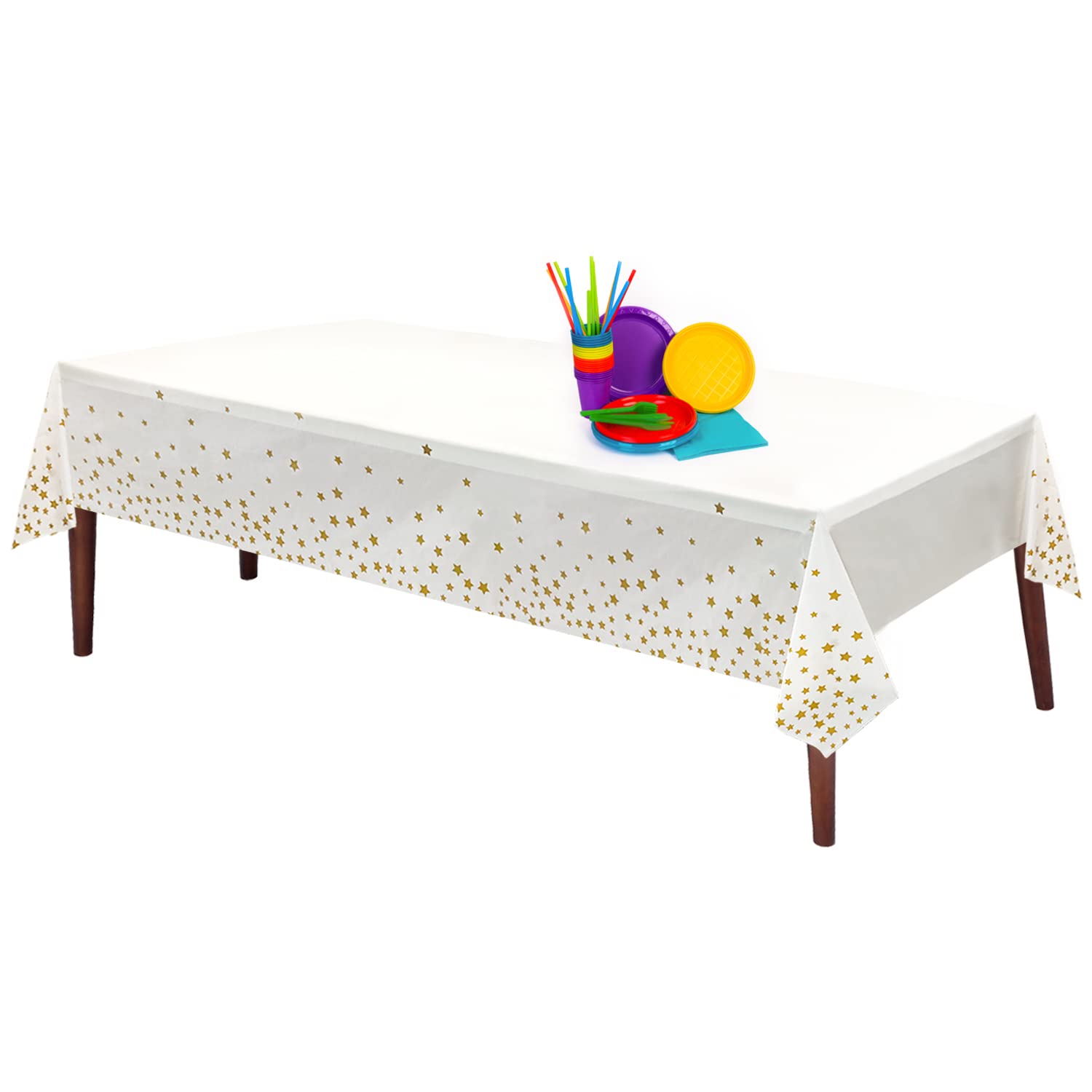 Rectangle Disposable Plastic Twinkle Little Stars Table Cloth for Kitchen Dining, Parties, Birthdays, Weddings (137x274cm, Gold)