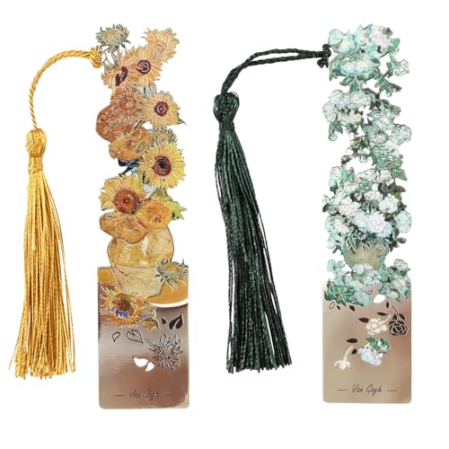 Uideyvi 2 Metal Bookmarks with Tassel, Oil Painting Sunflowers and Vase with Roses