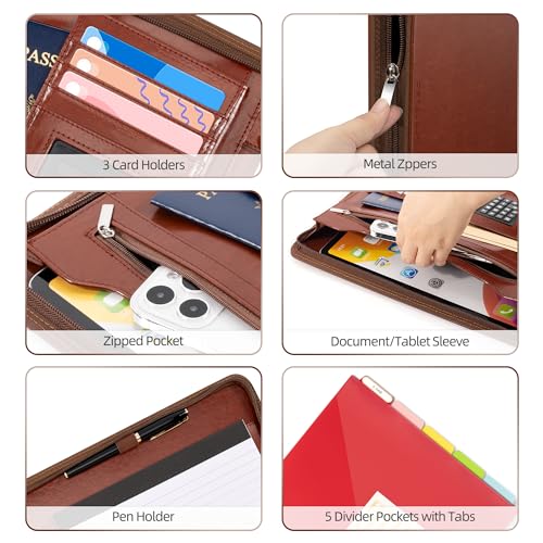 Image of Ospelelf 3 Ring Binder Portfolio Folder with Zipper- Leather Padfolio with Clipboard Storage- Calculator, 12.1 inch Tablet Sleeve, 5 Dividers with Pocket, Refillable Notepad, Card Slot (Red Brown)
