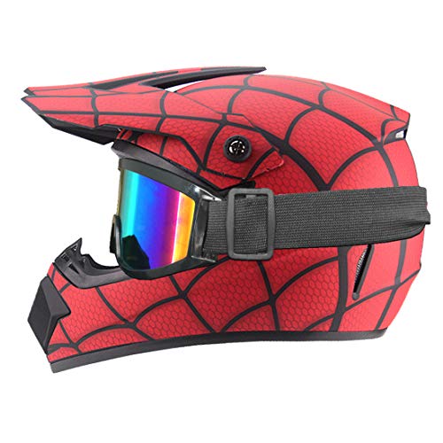 Casque Imitation Spider-Web, Casque Motocross Enfant - ECE 22.05, Casque Moto Cross Set Casque BMX Quad Enduro ATV Scooter avec Goggle/Gants (Matte,XS)