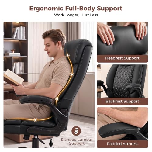Image of Ergonomic Office Chair with Lumbar Support, Executive Leather Computer Desk Chair with Flip Up Arms & Rocking Function, High Back Big and Tall Comfortable Gaming Chair for Home Office, Black