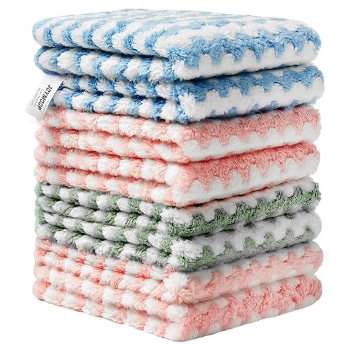 Image of JOYMOOP Microfiber Cleaning Cloth, Mixed Color Towels with Edging, Medium-Small Size 8 Pack (9.8 inch x 11.8 inch), Absorbent Streak Free Lint Free Rags for Cleaning, Reusable and Washable Towels