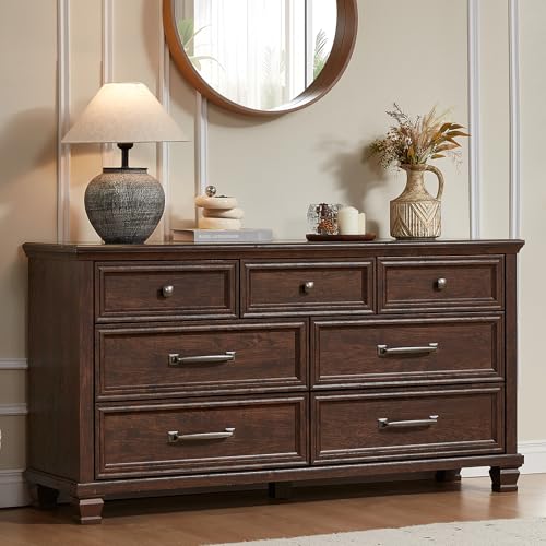 SAVOR LIFE Farmhouse 7 Drawer Dresser for Bedroom, 54” Wood Dresser for Closet, Large Rustic Wooden Dressers, Chest of Drawers for Bedroom, Hallway, Entryway, Walnut