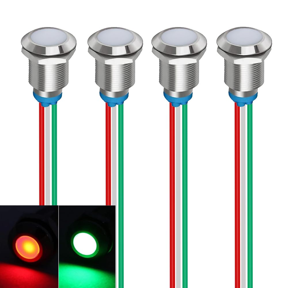 Gebildet Bi-Color(Green&Red) 12mm(1/2 inch) Energy Saving Indicator Light, 12mm 2 color LED Light 12V/24V/ 20mA Panel Mount Light for Car Truck Boat Auto Part(Pack of 4)