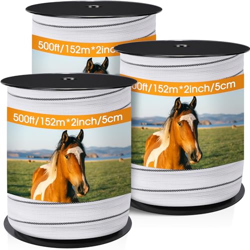 Wowangce 2 Inch x 1500ft/ 457m Electric Fence Tapes with High Visibility 3 Rolls Each 500ft Electric Horse Fence Kit for Horse Livestock