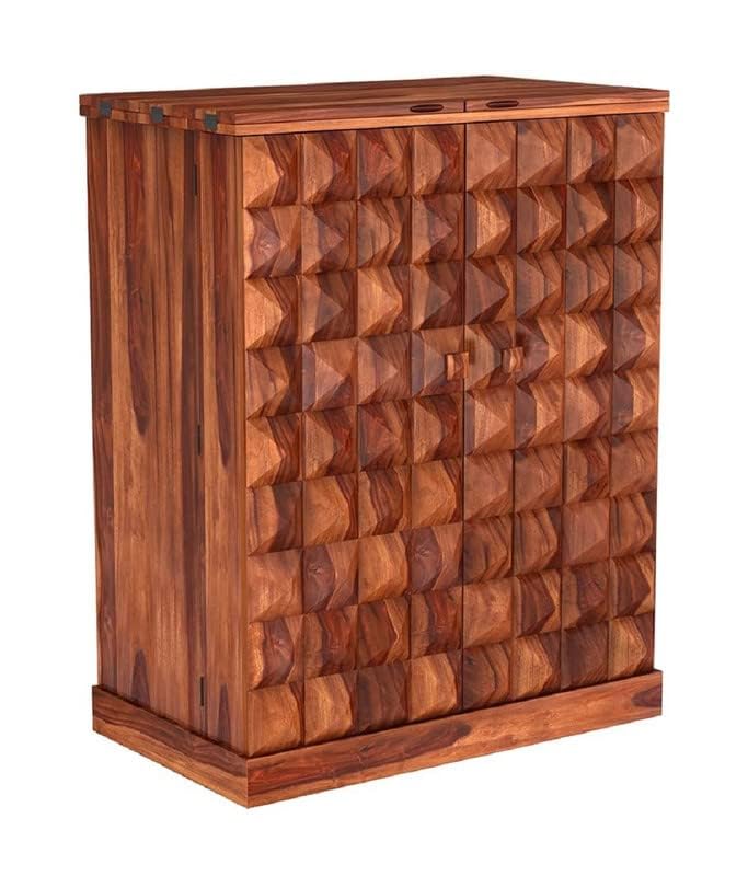 Image of Solid Sheesham Wood Bar Unit Cabinet with Storage Bottle Shelves & Built-in Glass Holder Pyramid Drink Wine Rack Organizer for Living Room, Home & Lounge Dining Cupboard Liquor Furniture