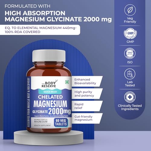 Image of The Body Reserve Magnesium Glycinate Supplement 60 Veg Tablets, 2000mg Per Serving, High Absorption Chelated Form, helpful in Muscle & Nerve Relaxation, Better Sleep Quality for Men & Women
