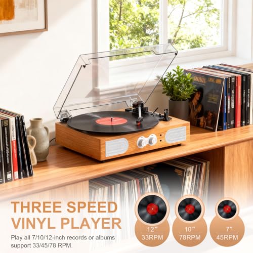 Image of Vinyl Record Player with Built-in Speakers 3-Speed Vintage Record Player Support Treble& Bass Control, 3.5mm Headphone Jack, RCA-Out /Aux in, Belt-Driven LP Turntable,Natural Wood