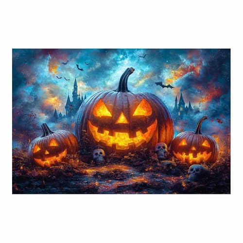 Toile bleu brume citrouilles et fantômes effrayants de style gothique grand format 70x100cm