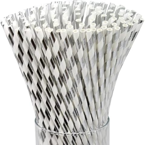 FAMASTON 150-pack Biodegradable Silver Stripes Paper Straws - Disposable Drinking Silver Stripes Straws - Silver Stripes Sticks for Cake Pops in Birthday, Anniversary, Wedding, Holiday Celebrations Cover