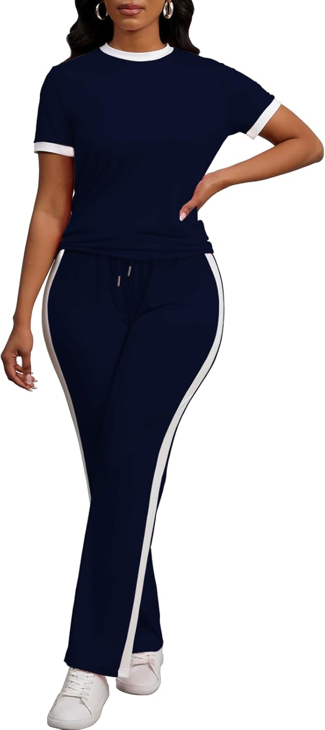 PINSV Women's 2 Piece Outfits Short Sleeve Tops Sweatpants Colorblock Bodycon Lounge Sets Tracksuit - Image 4