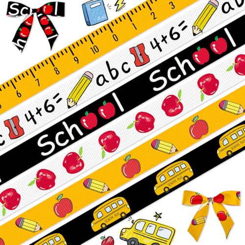 LANGFON 6PCS 3/8 Back to School Ribbons Pencil Apple School Theme Ribbons for Wrapping Gift 15 Yard Kindergarten Decor Ribbon for Back to school Party Preschool Decoration Gift Wrapping DIY Supplies