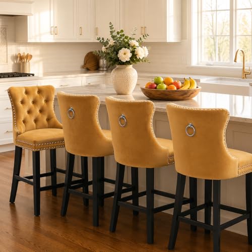 Waully Widened Counter Height Bar Stools Set of 4 Yellow Wood Bar Stools for Kitchen Island Modern Barstools with Backs Sillas para Barra de Cocina Velvet Counter Height Chairs (Gold 4Pcs)