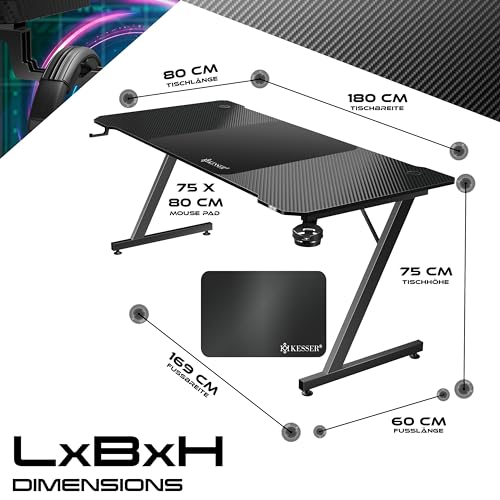 KESSER® Gaming Tisch 180cm x 80cm | Z-Form Gamer Schreibtisch | Kopfhörerhaken & Kohlebeschichtung | Ergonomischer PC Computertisch | Stabiler Tisch mit Getränkehalter Schwarz – Bild 3