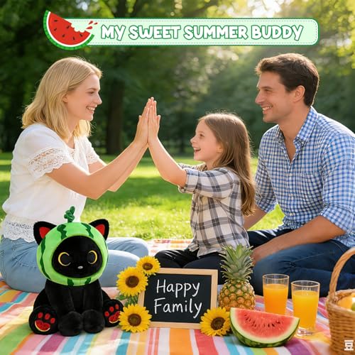 Image of Cat Plush Toys- 8inch Cute Stuffed Cat with Removable Fruit Hood | Soft Kawaii Watermelon Stuffed Animal for Girls, Boys, Birthday Gift for Kids & Adults