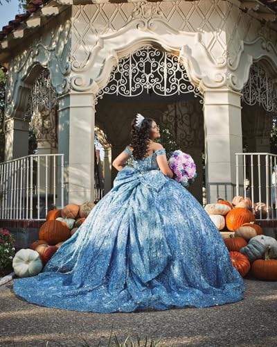 Sparkly Tulle Quinceanera Dresses Glitter Beaded Off Shoulder Sweet 16 Dresses Pleated Vestidos De 15 with Bow2