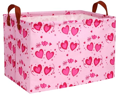 Image of Pink Valentines Day Basket Large Foldable Heart Shaped Storage Box for Gifts Kids Empty Storage Bins Rectangular Toy Organizer Decor (Two Love)