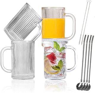 Glass Coffee Mugs Clear Mug - 14 Oz Ribbed Mugs with Straw Spoon Classical Vertical Stripes Glass Tea Cups With Lids Set of 4 - Elegant Lovely Gifts for Anniversary Weddings Christmas Birthday