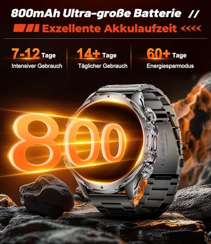 Smartwatch Herren Militär,800 mAh Akku/1,85'' HD-Display-Sportuhr mit Taschenlampe/100+ Sportmodi,IP68 Wasserdicht Fitnessuhr mit Herzfrequenz,SpO2,Schlafmonitor für Android iOS 2 Armbänders – Bild 4