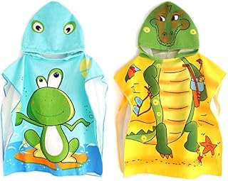 Lumsinker Cartoon Kids Hooded Beach Bath Towel Swim Towel Colorful Children's Cover-ups Cape Poncho Girls Boys (2Pcs Crocodile Frog)