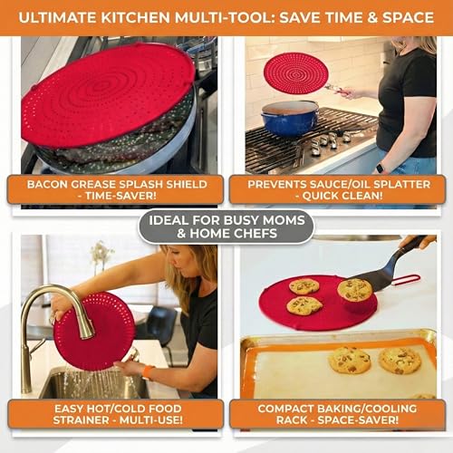 Silicone Splatter Screen for Frying Pan, 13” Red – Folds Flat with Sleeves, Dishwasher Safe Grease & Oil Splatter Guard, Heat Resistant Splash Guard Fits 10–12” Pans, Most 13” Skillets - image 4