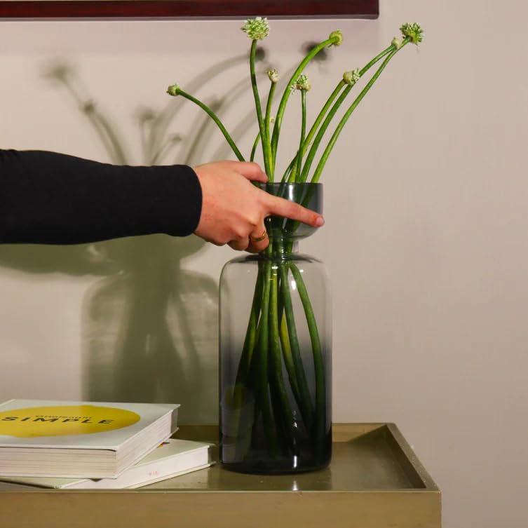 Image of Grande Handblown Glass Vase for Flowers & Home Decor | Slate Grey Decorative Table Vase for Living Room, Dining Table & Gifting