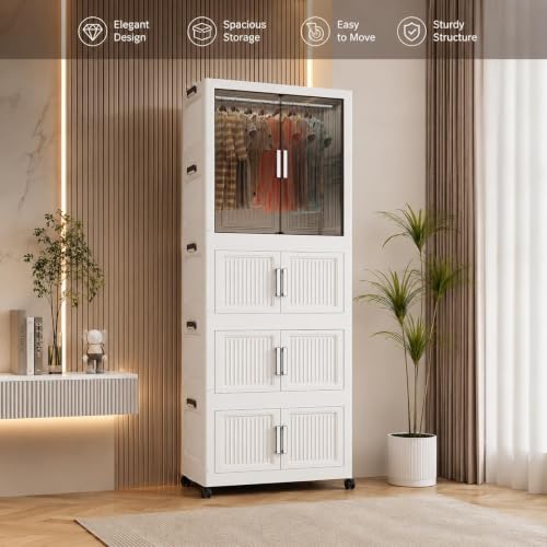 Image of Plastic Wardrobe for Cloths | 4 Layer Stackable Almirah with Hanging Rod, Transparent Doors, Wheels | Foldable Storage Cabinet Organizer for Clothes /Books /Toys